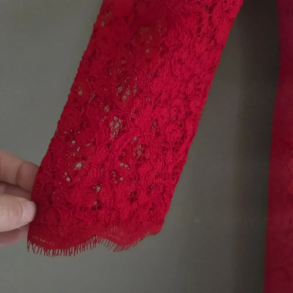 Cache Red Lace Midi Sheath Dress Size 10 Cocktail Party Eyelash Trim Full Zip